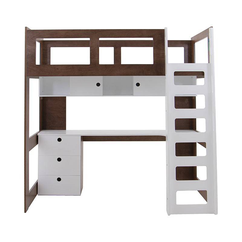 Cama alta con escritorio Elis de Deurope en madera industrializada blanca y nogal, con estructura resistente y diseño funcional.