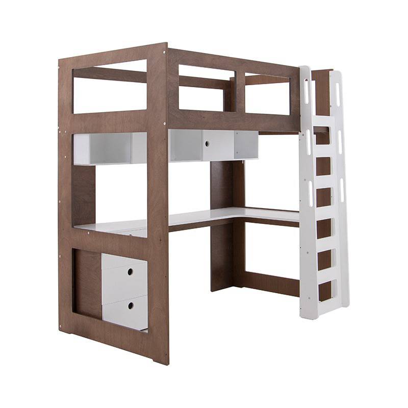 Cama alta con escritorio Elis en madera industrializada blanca y nogal, con espacio para estudio y almacenamiento.