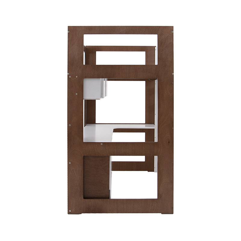 Cama alta con escritorio Elis de madera en color blanco y nogal, con estructura industrializada, vista frontal.