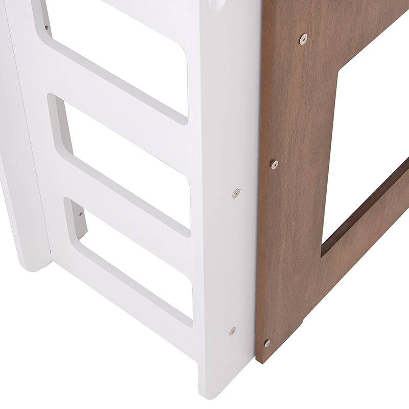 Cama alta con escritorio Elis de madera en color blanco y nogal, con estructura industrial, vista frontal, tamaño 200x110x210 cm
