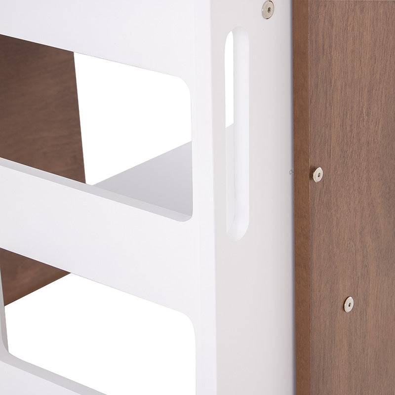 Cama alta con escritorio Elis de Deurope en madera blanca y nogal, con espacio para estudio y almacenamiento.