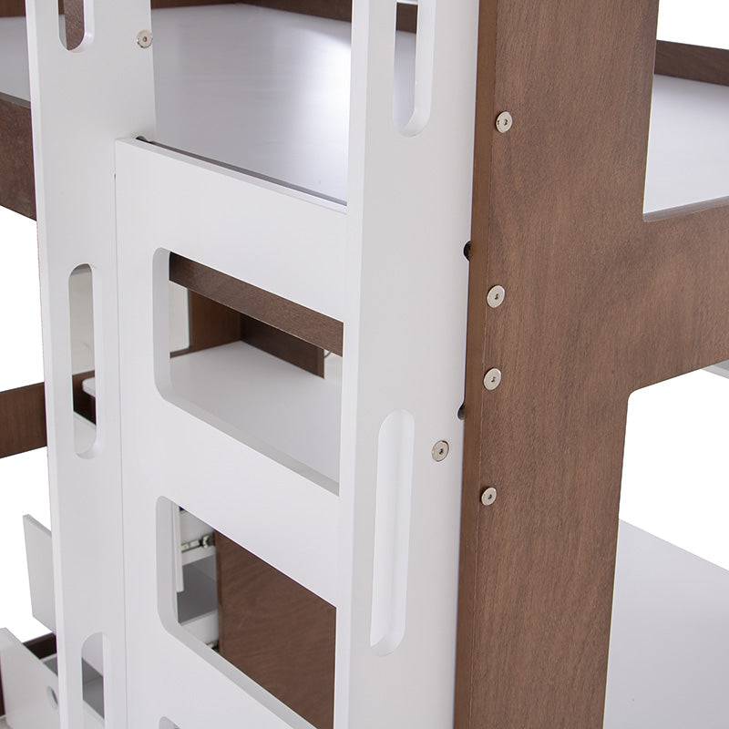 Cama alta con escritorio Elis de Deurope en madera industrializada en color blanco y nogal, con estructura resistente y moderna.
