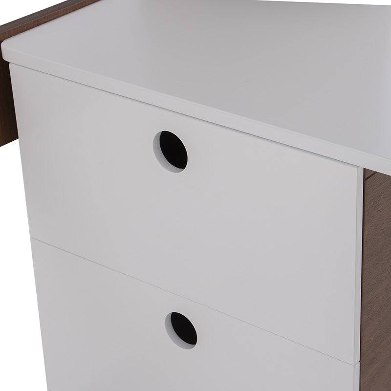 Cama alta con escritorio de madera industrializada en color blanco y nogal, con estructura resistente y diseño funcional.