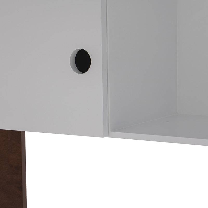 Cama alta con escritorio Elis de color blanco y nogal, estructura de madera industrializada, vista frontal, tamaño 200x110x210 cm
