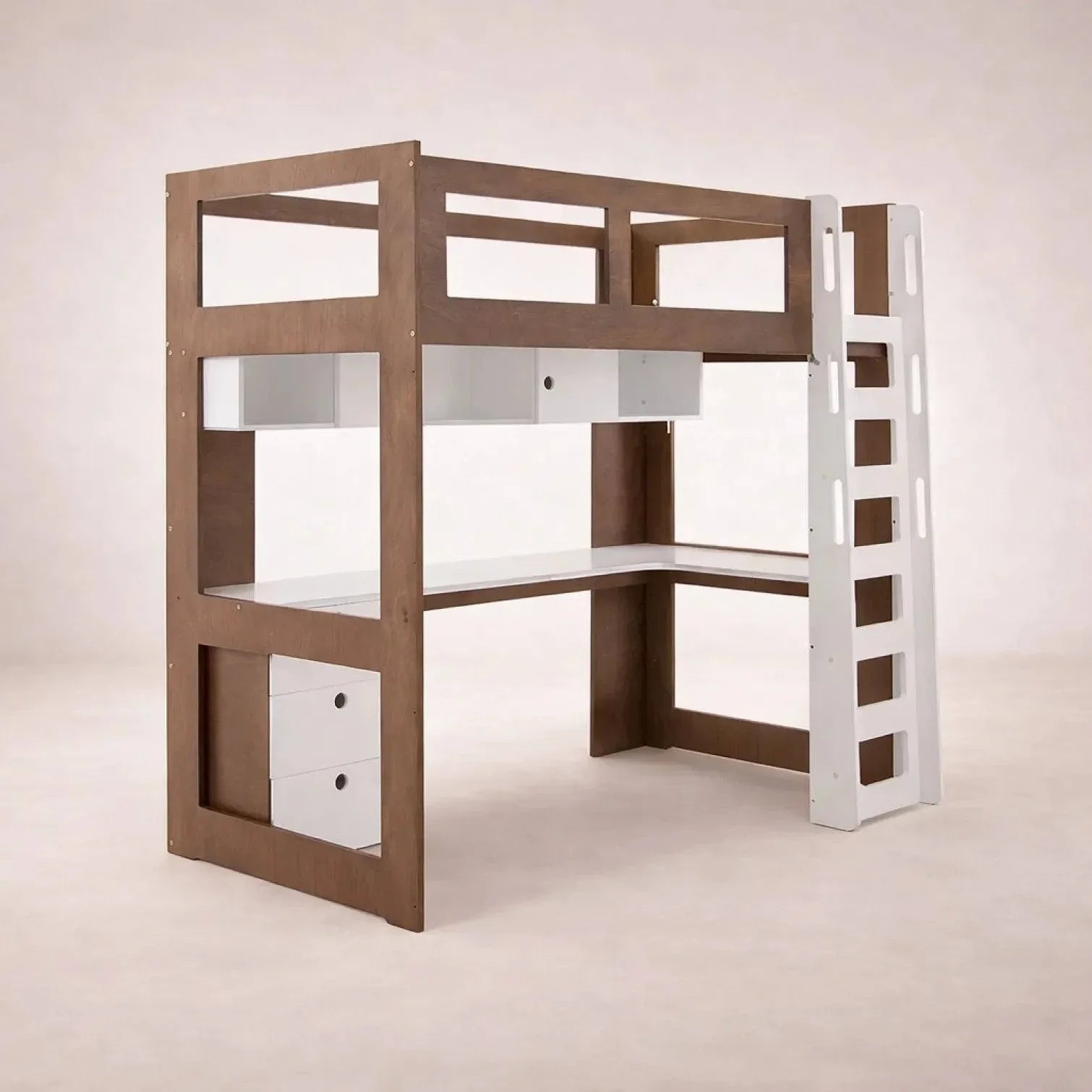 Cama alta con escritorio Elis de Deurope en madera industrializada blanca y nogal, con estructura de 200 cm de altura.