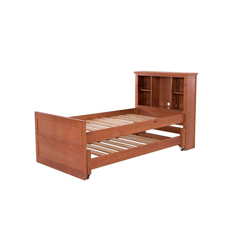 Cama doble Texas de madera de pino con acabado en nogal, estructura robusta y diseño moderno para dormitorio.