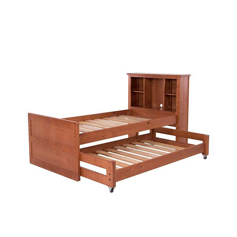 Cama doble Texas de madera de pino con acabado en nogal, estructura robusta y diseño moderno para dormitorio.