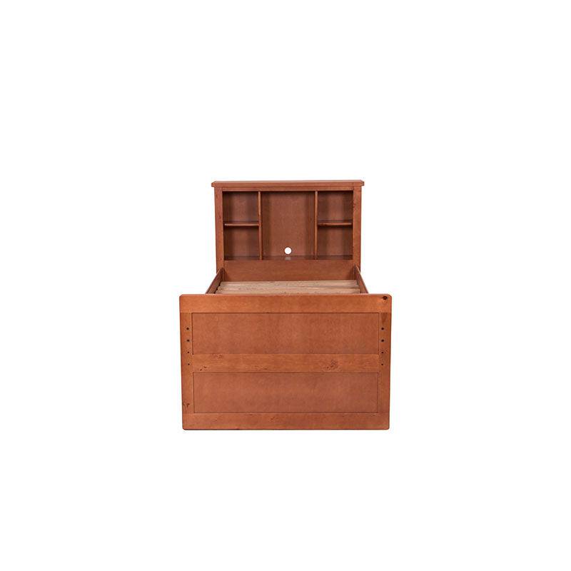 Cama doble Texas de madera de pino y nogal, con estructura industrializada, frente de 122 cm, alto 115 cm y fondo 204 cm.