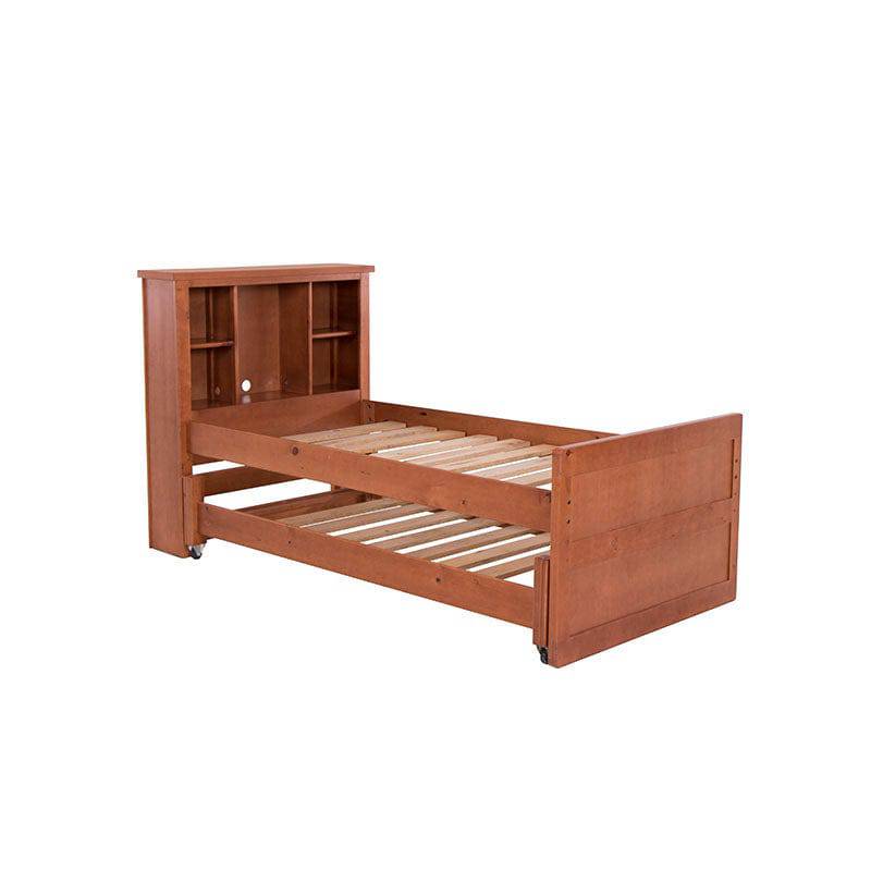 Cama doble Texas de madera de pino en color nogal, con estructura robusta y diseño moderno para dormitorio.