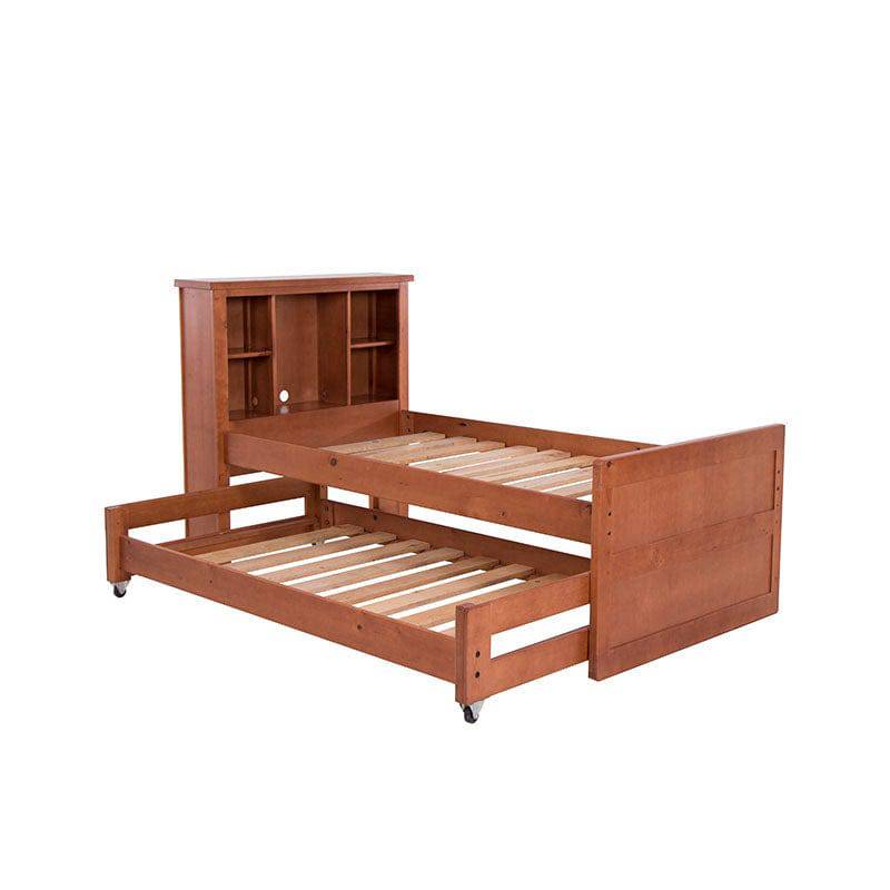 Cama doble Texas de madera de pino con acabado en nogal, estructura sólida y diseño funcional para habitación moderna.