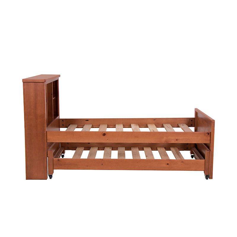 Cama doble Texas de madera de pino con acabado nogal, estilo industrial, frente de 122 cm, altura 115 cm, fondo 204 cm.