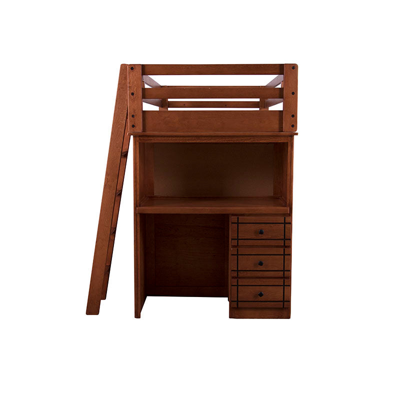 Cama alta Texas de madera de pino de estilo industrial, con estructura resistente y acabado en nogal.