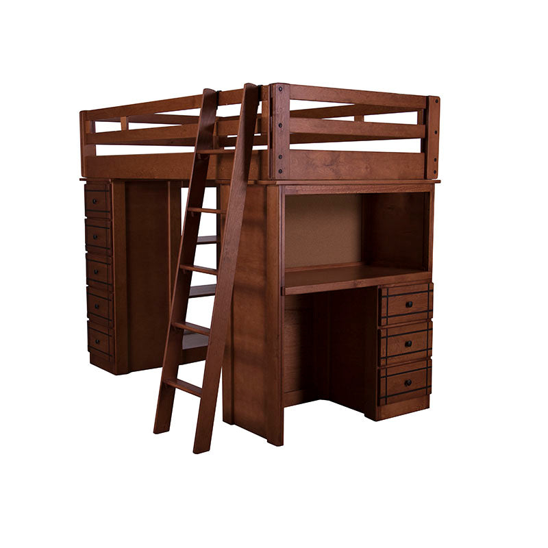 Cama alta Texas de madera de pino y nogal, estructura robusta, con frente visible y dimensiones de 204 cm de largo y 167 cm de alto