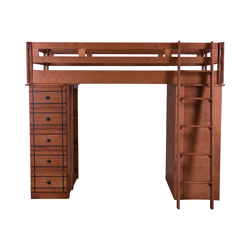 Cama alta Texas de Deurope.com.mx en madera de pino con estructura de nogal, frente de 204 cm y altura de 167 cm.