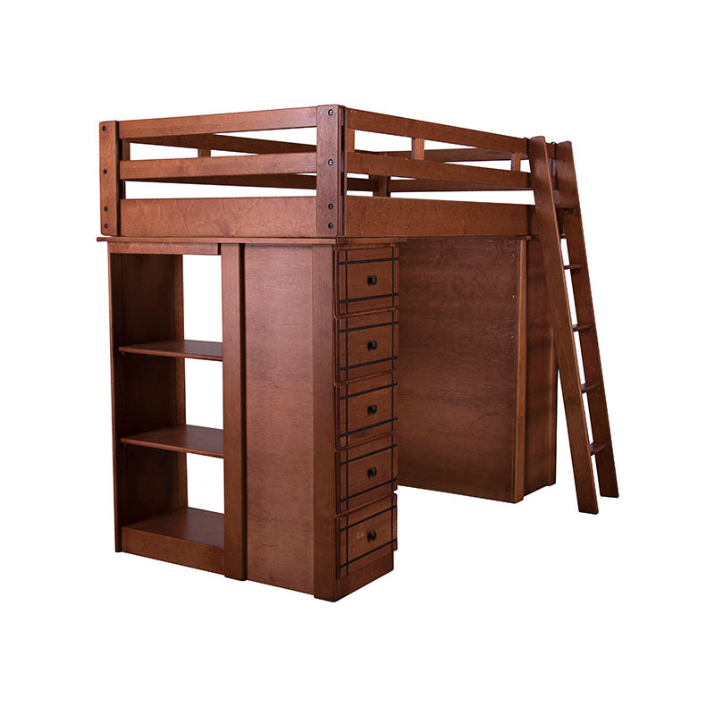 Cama alta Texas de madera de pino, estructura industrializada en color nogal, con 204 cm de alto y fondo de 204 cm.