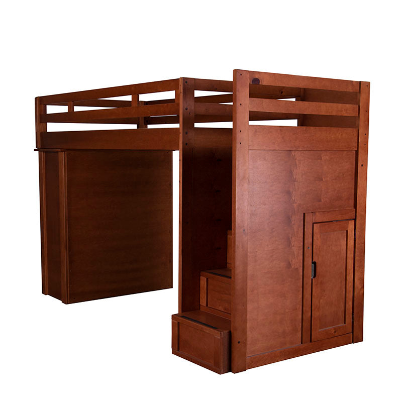 Cama alta Tenesse de madera de pino con acabado nogal, estructura industrializada, frente visible, dimensiones 253x124x108 cm