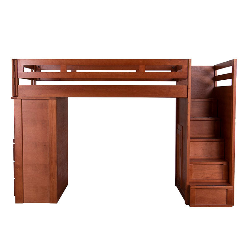 Cama alta Tennessee de madera de pino y nogal, con estructura de madera industrializada, frente de 253 cm, altura 124 cm.