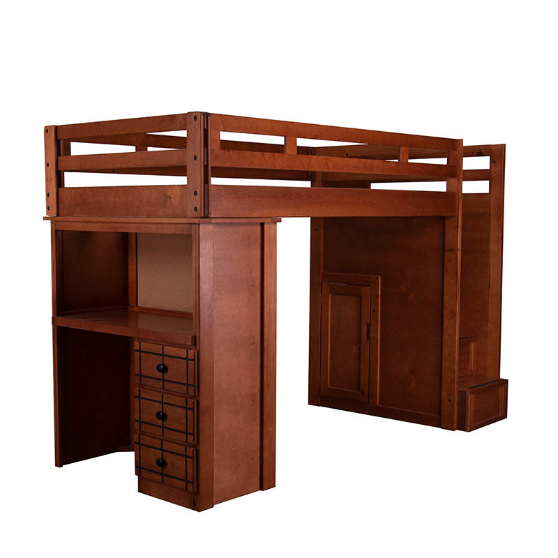 Cama alta Tenesse de madera de pino con estructura de nogal, frente de 253 cm, alta y funcional para espacios pequeños