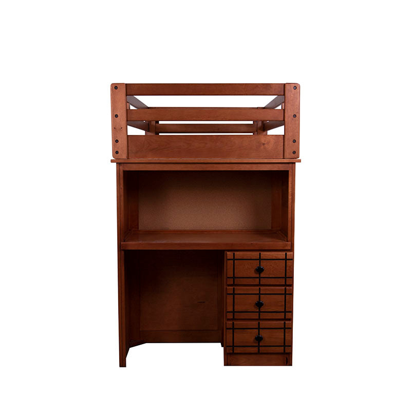 Cama alta Tenesse de madera de pino en color nogal, con estructura moderna y resistente, de aproximadamente 253 cm de altura.