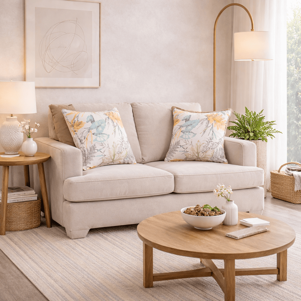 Juego de sala Tamayo de 2 piezas en tela beige clara, sofá y loveseat con medidas de 160x94x96 cm.