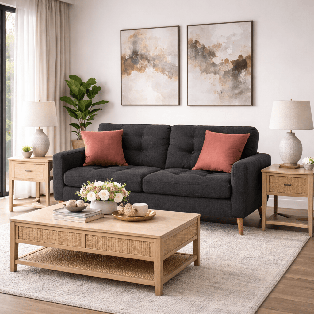 Sofá de sala de dos piezas Eugenia de Deurope.com.mx, con cojines y tapizado en color gris claro, elegante y cómodo.