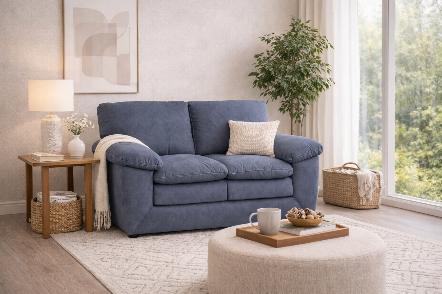 Sofá loveseat Calvin de microfibra gris con diseño moderno, frente y dimensiones aproximadas de 162 cm x 91 cm x 90 cm.