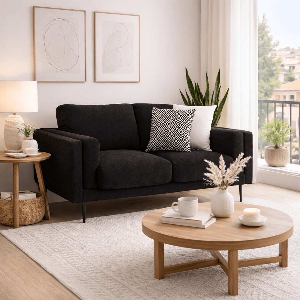 Juego de sala Alessandra deoupe.com.mx, loveseat negro de tapiz en tejido plano afelpado con respaldo y asiento cómodo.