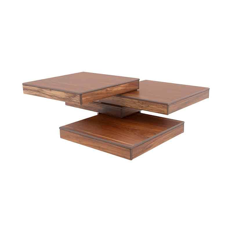 Mesa de centro Tabachin de color café claro, con acabado en chapa de tzalam, de aproximadamente 90 cm de ancho y 42 cm de alto.
