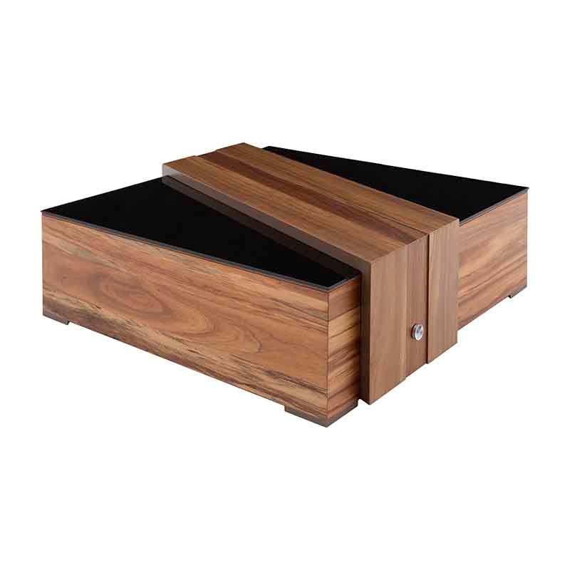 Mesa de centro Abudabi de Deurope en chapa de tzalam, color café claro y negro, con dimensiones de 85x28x85 cm.