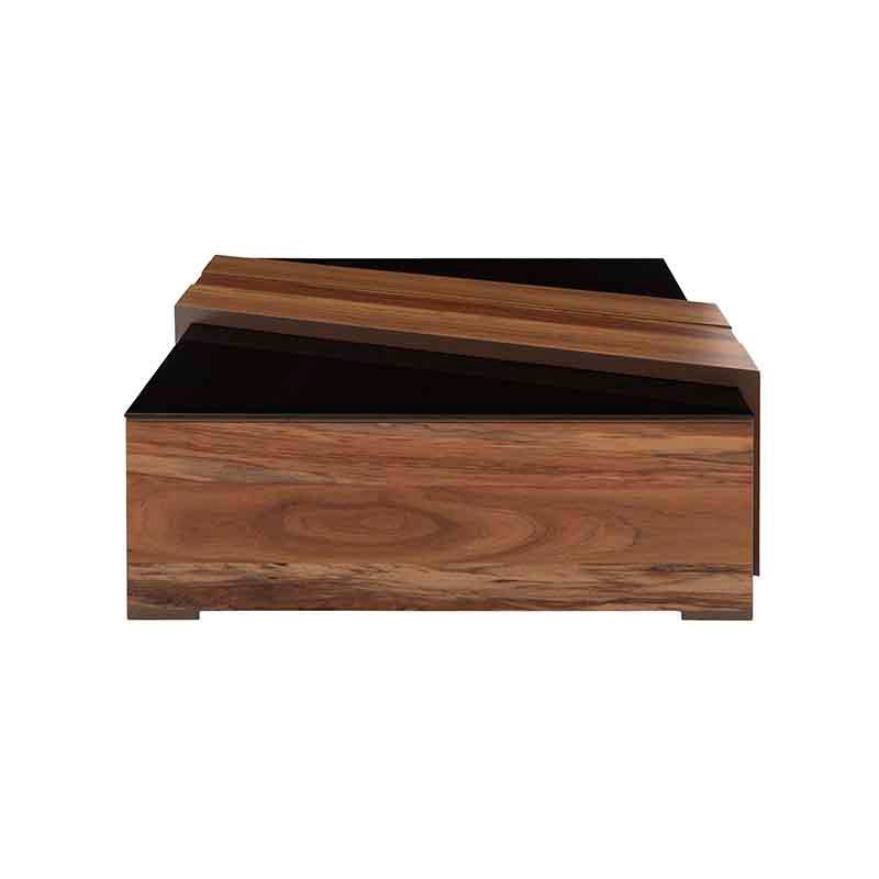 Mesa de centro Abudabi de Deurope con acabado en chapa de tzalam, color café claro y negro, dimensiones 85x28x85 cm.