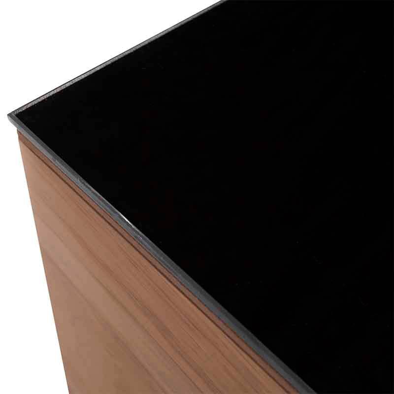 Mesa de centro Abudabi de Deurope con chapa de tzalam en color café claro y negro, 85x85 cm, diseño moderno y elegante.