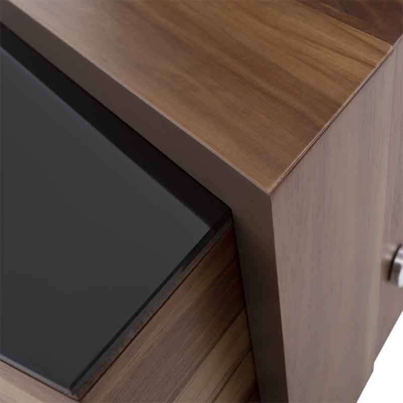 Mesa de centro Abudabi de Deurope en chapa de tzalam, color café claro y negro, con dimensiones de 85 cm frente y fondo, 28 cm alto.