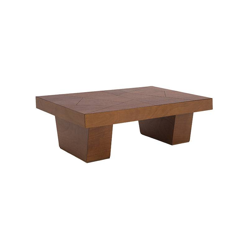 Mesa de centro Quetzal de madera de deurope.com.mx, con acabado en chapa de okumé y diseño moderno en color café.