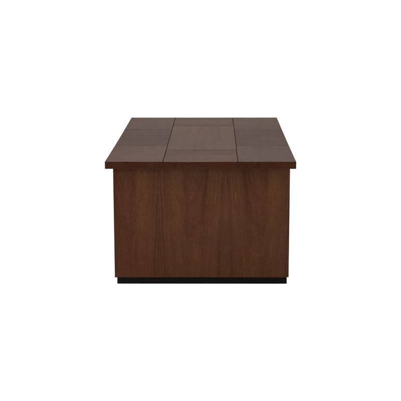 Mesa de centro Bourbon de deurope.com.mx, madera con acabado rústico y diseño clásico, vista desde arriba en ambiente moderno.