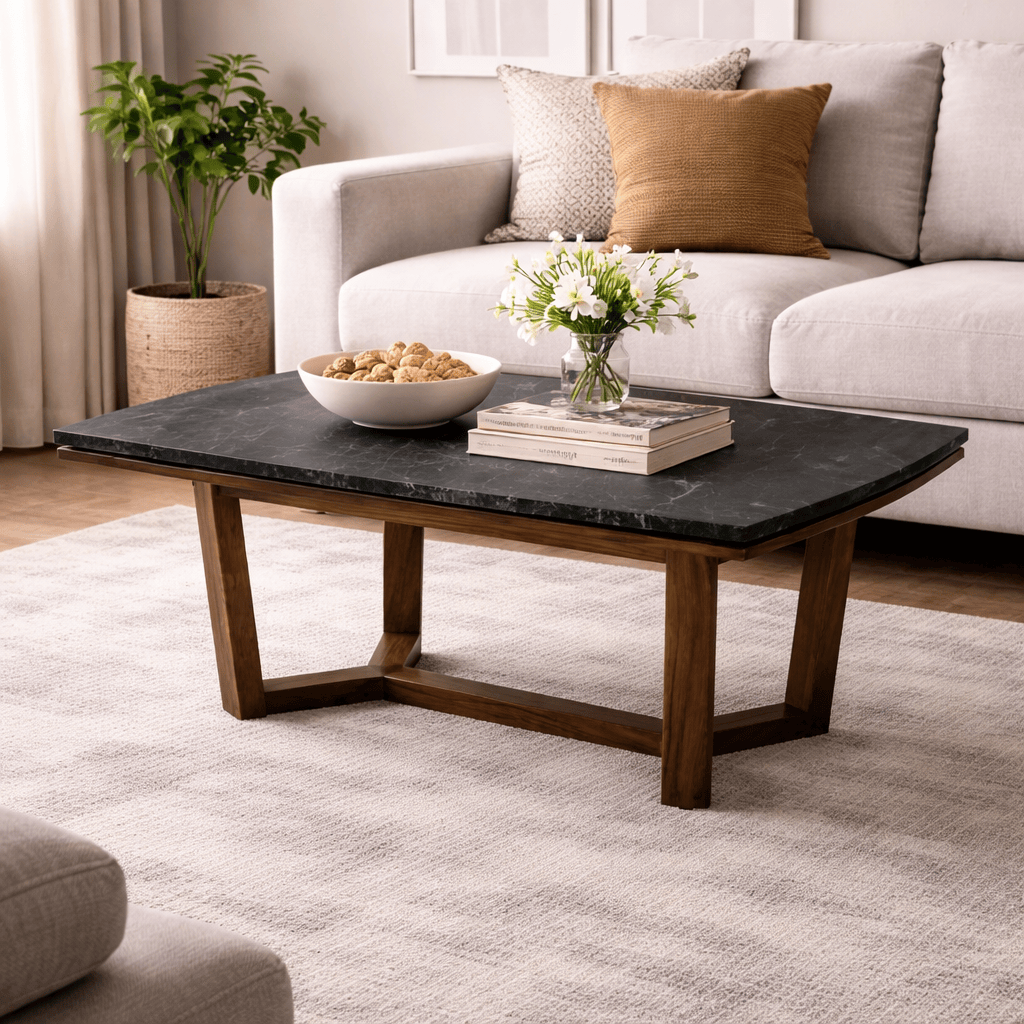 Mesa de centro Montecarlo deurope.com.mx, superficie de madera y estructura moderna en color natural.