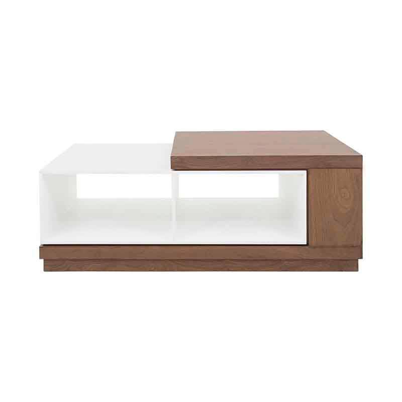 Mesa de centro Maui de madera industrializada y chapa de nogal, superficie blanca y estructura robusta, tamaño 120x70x45 cm.