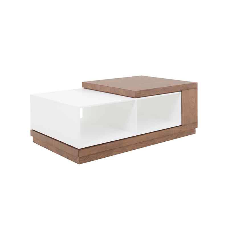 Mesa de centro Maui de deurope.com.mx en madera de nogal y blanco, con superficie de 120 cm de largo, 45 cm de alto y 70 cm de fondo.