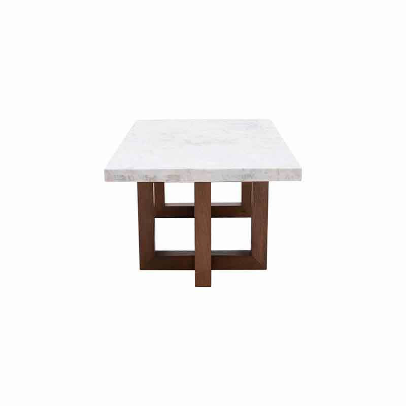 Mesa de centro Kaori de Deurope con superficie de mármol veneciano, estructura de nogal y dimensiones de 110x45x70 cm.