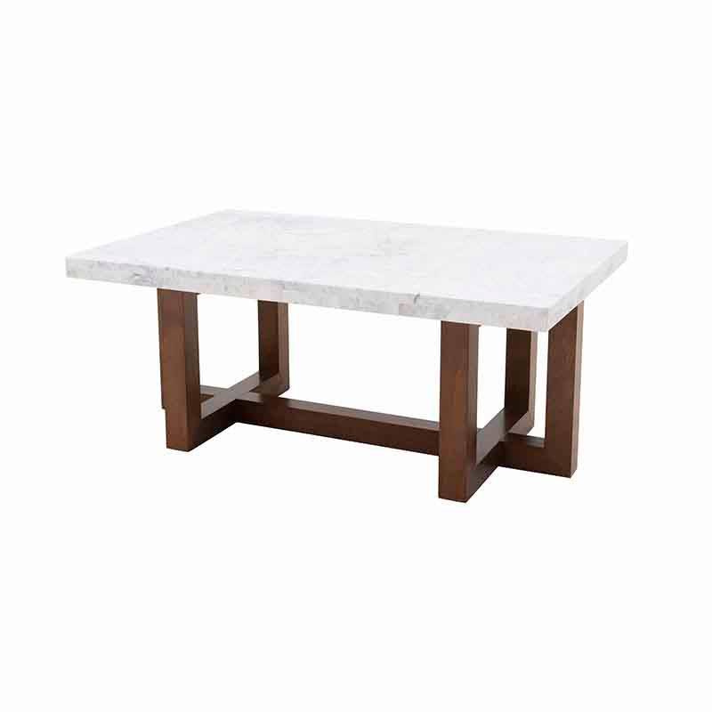 Mesa de centro Kaori de Deurope con superficie de mármol veneciano, estructura de nogal y dimensiones de 110x45x70 cm.