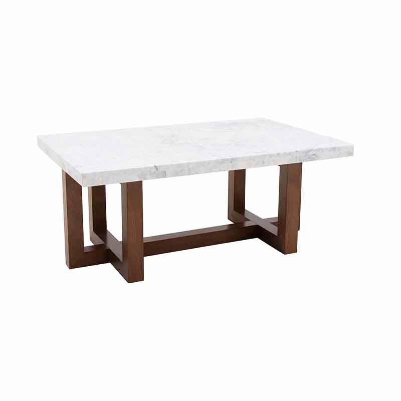 Mesa de centro Kaori de deurope.com.mx con superficie de mármol veneciano, madera de nogal, dimensiones 110x45x70 cm.