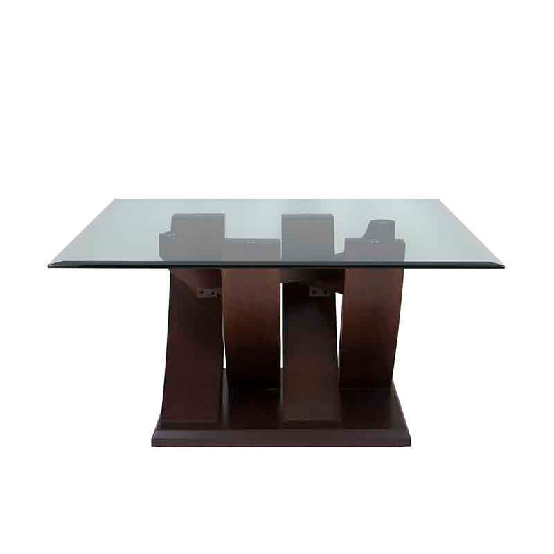 Mesa de centro Burj de madera de nogal con cubierta de cristal, 90 cm de ancho, 45 cm de alto y fondo de 90 cm.