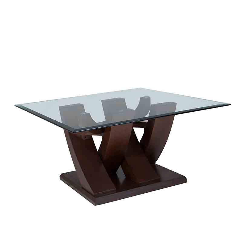 Mesa de centro Burj de madera nogal con superficie de cristal, dimensiones 90x45x90 cm, deurope.com.mx.