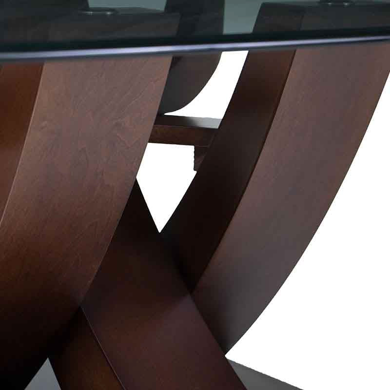 Mesa de centro Burj de madera de nogal con tapa de cristal, dimensiones 90x45x90 cm, diseño moderno y elegante.