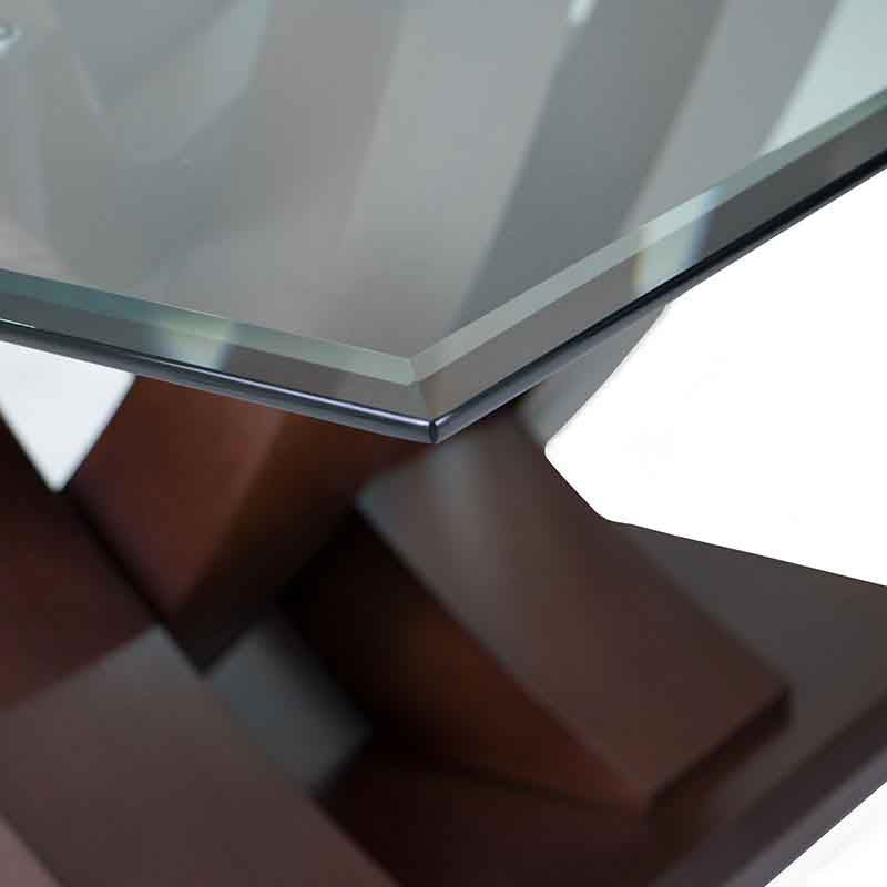 Mesa de centro Burj de madera de nogal con tapa de cristal, dimensiones 90x45x90 cm, diseño moderno y elegante.