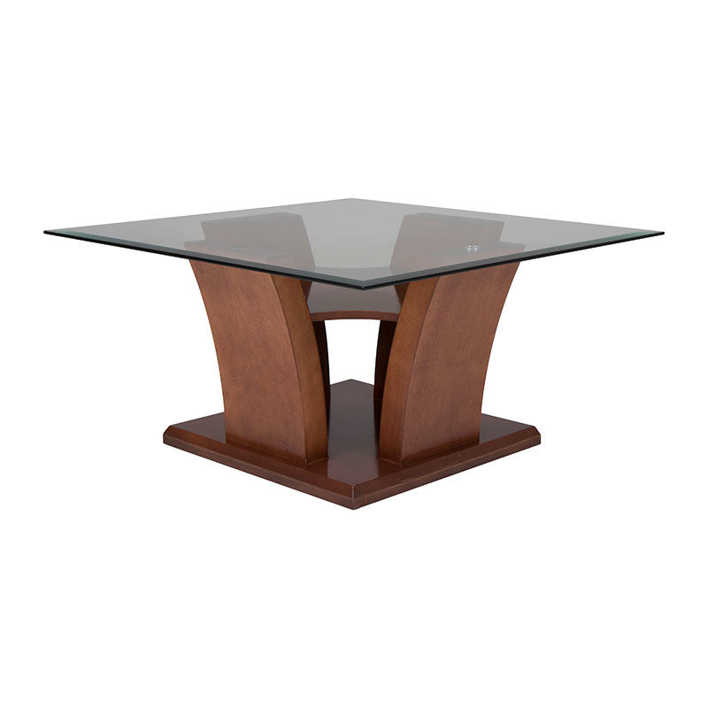 Mesa de centro Tulip de madera Nogal con cubierta de cristal, dimensiones 90x45x90 cm, estilo moderno y elegante.