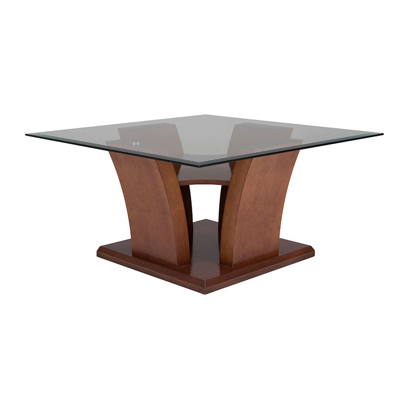 Mesa de centro Tulip de madera nogal con tapa de cristal, dimensiones 90x45x90 cm, diseño moderno y elegante.