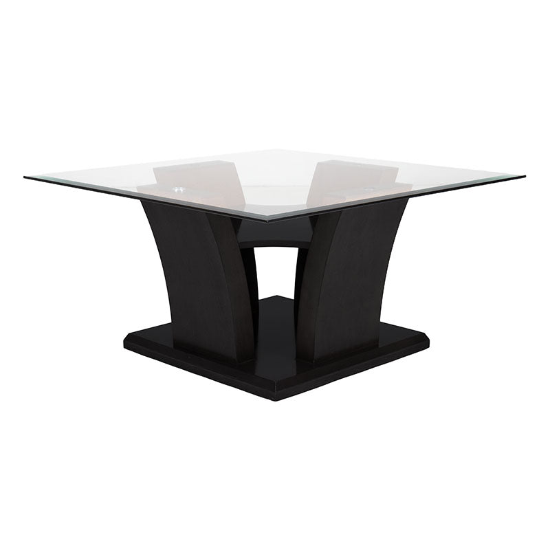 Mesa de centro Tulip de madera nogal con cubierta de cristal, diseño moderno, mide 90 cm de ancho y 45 cm de alto.