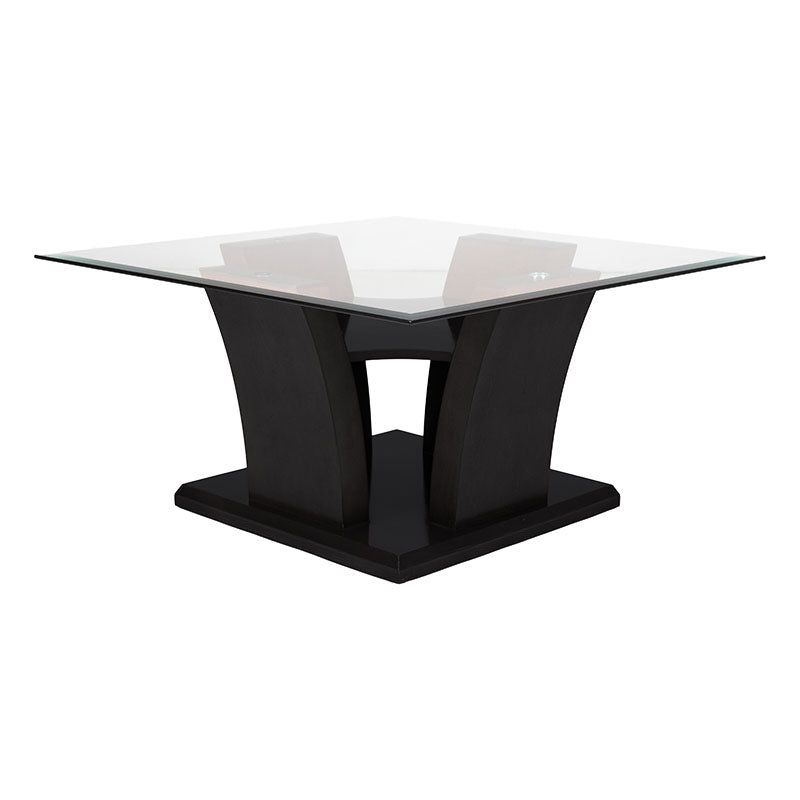 Mesa de centro Tulip de madera nogal con tapa de cristal, dimensiones 90x45x90 cm, diseño moderno y elegante.