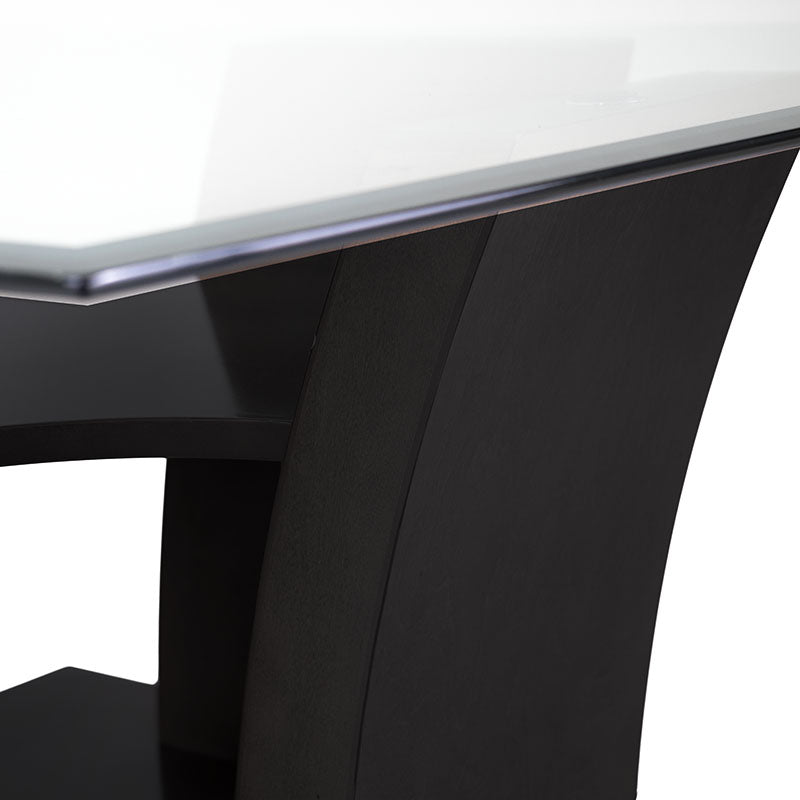 Mesa de centro Tulip de madera Nogal con cubierta de cristal, deoupe.com.mx, tamaño 90x45x90 cm, diseño moderno y elegante.