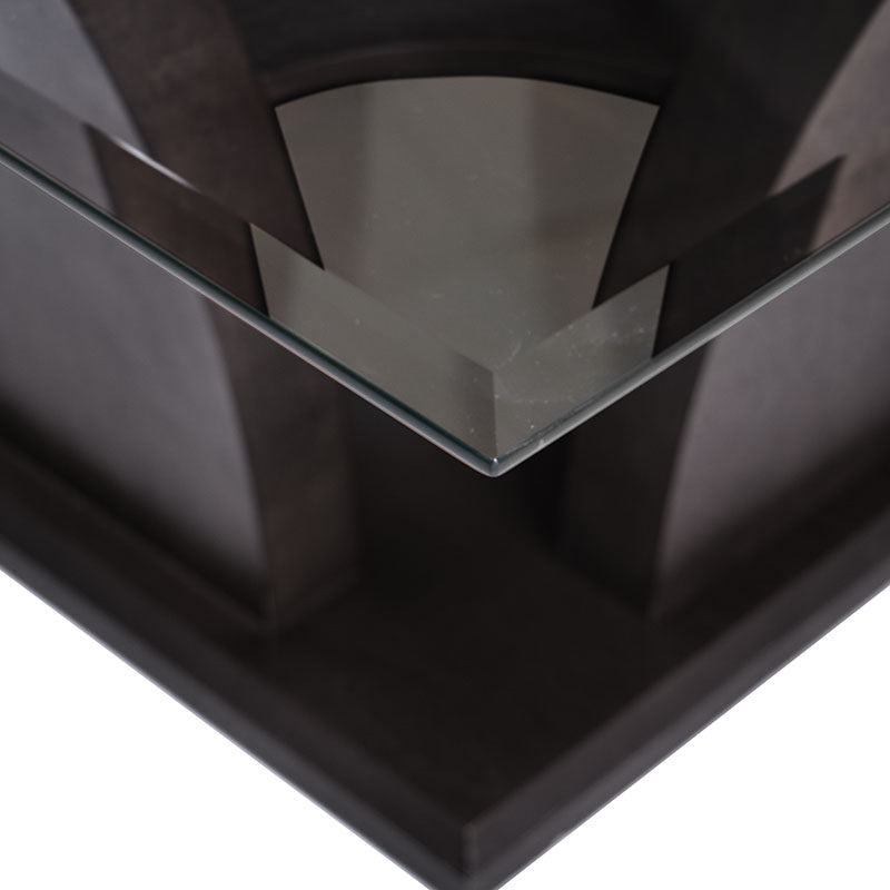 Mesa de centro Tulip de madera nogal con cubierta de cristal, 90 cm de largo, 45 cm de alto y 90 cm de fondo.